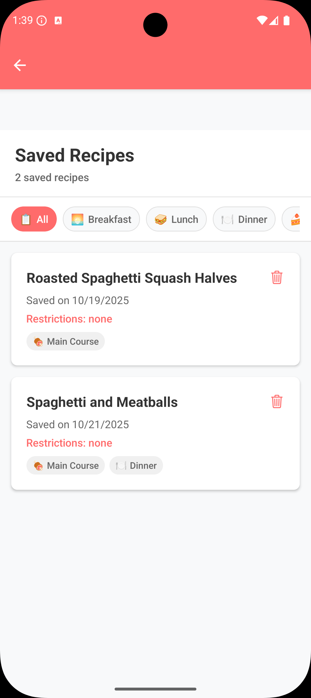 Android Saved Recipe Screen