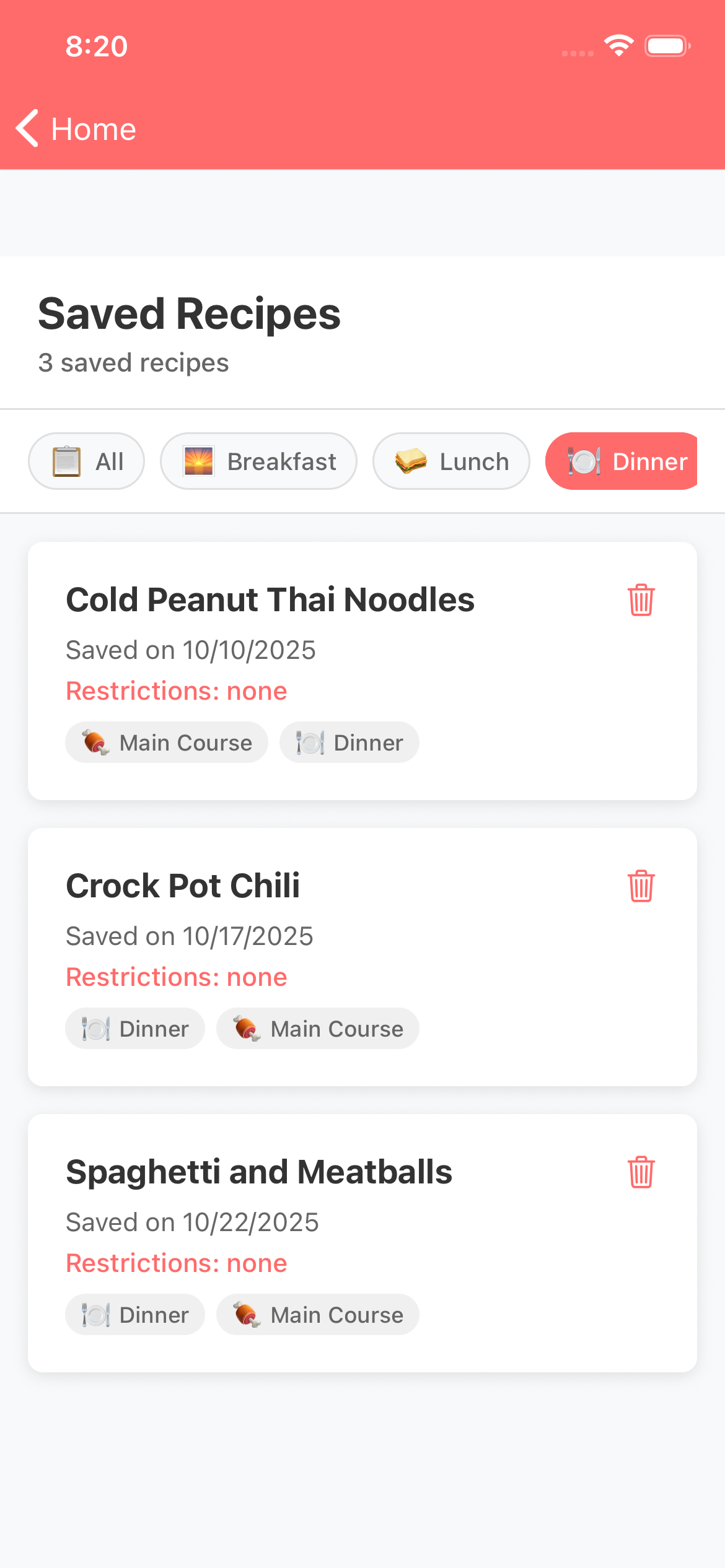 iOS Saved Recipe Screen