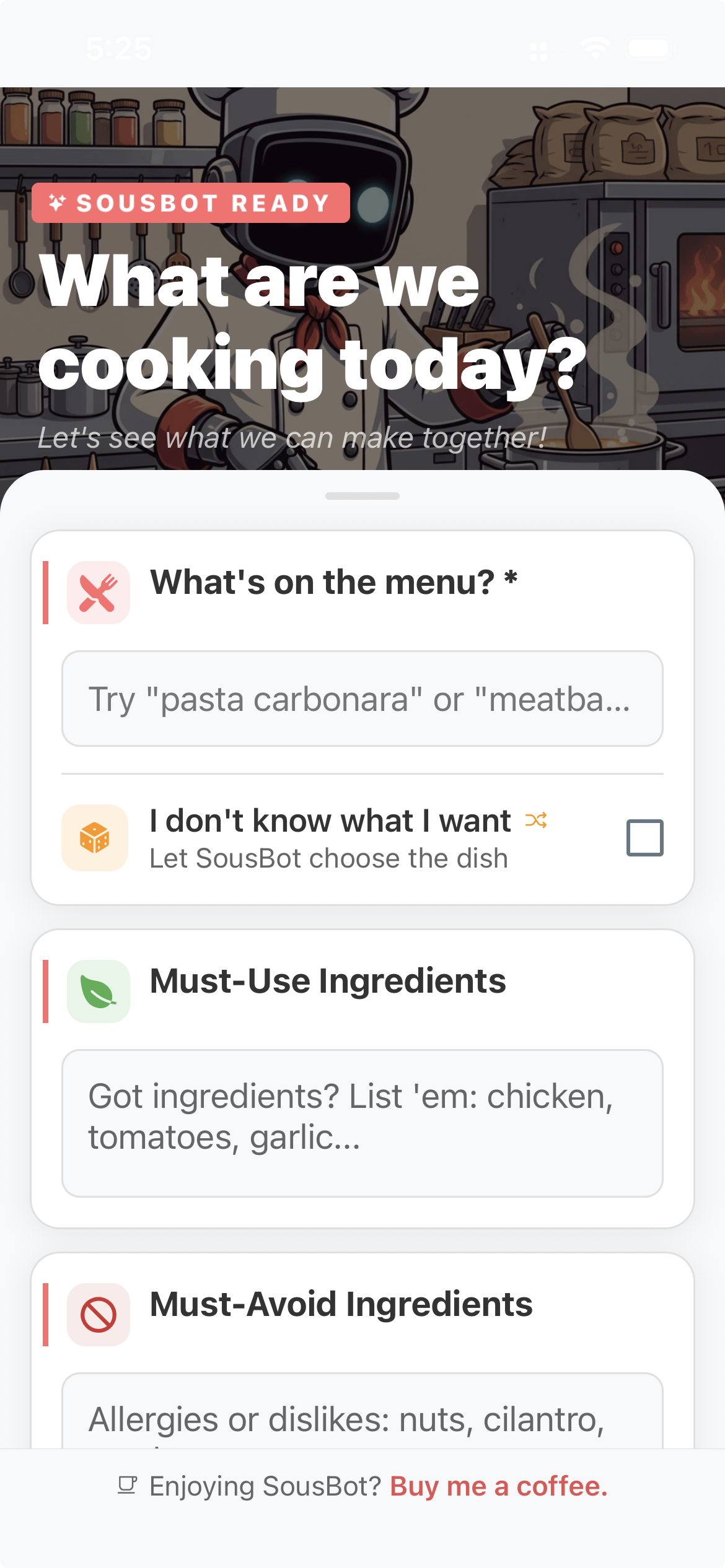 My Head Chef home screen — enter your ingredients and let SousBot go to work